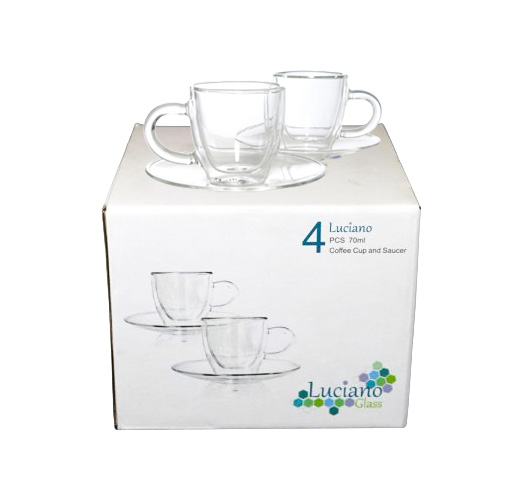 "Luciano Double Wall Coffee Cup and Saucer- 90ml, 4 Pieces Set"