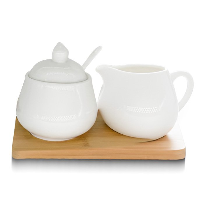 Danny Home Sugar Bowl and Creamer Set- Bamboo Tray, 4 Pieces