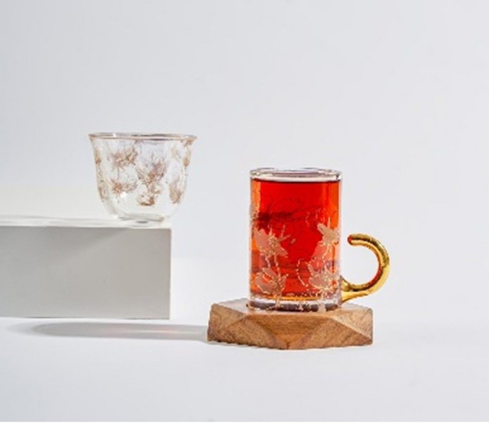 "Qahwa, Tea Cup and Wooden Saucer Set- Gold "