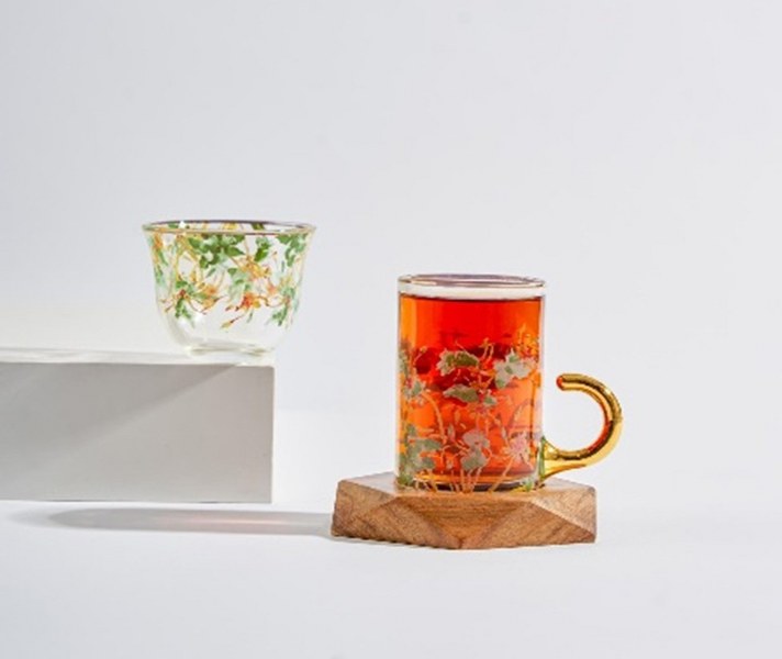 "Qahwa, Tea Cup and Wooden Saucer Set- Gold/Green/White Paterns"