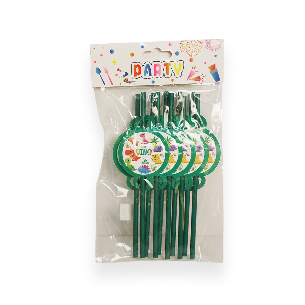 "Dinosaur Party Straw Set, Green Dino Design, 19.6cm, 10 Pieces"