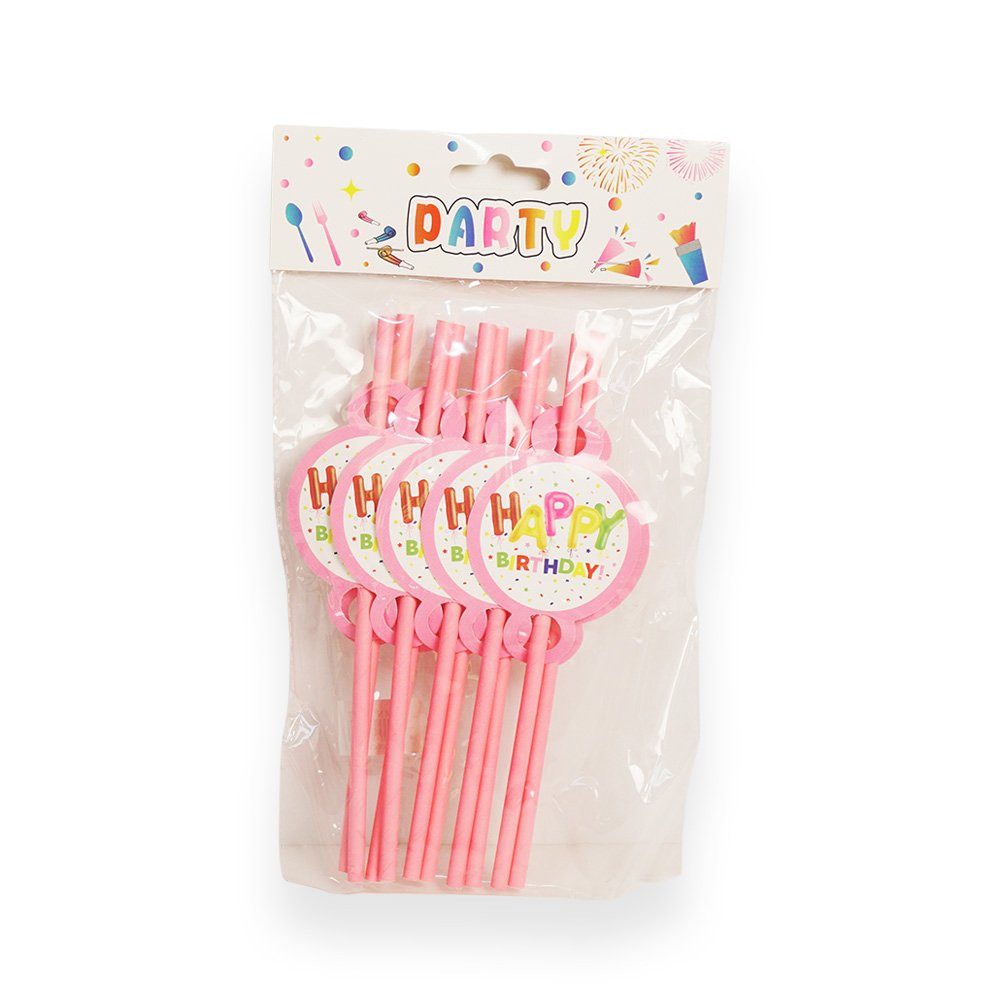 "Happy Birthday Party Straw Set, Pink, 19.6cm, 10 Pieces"