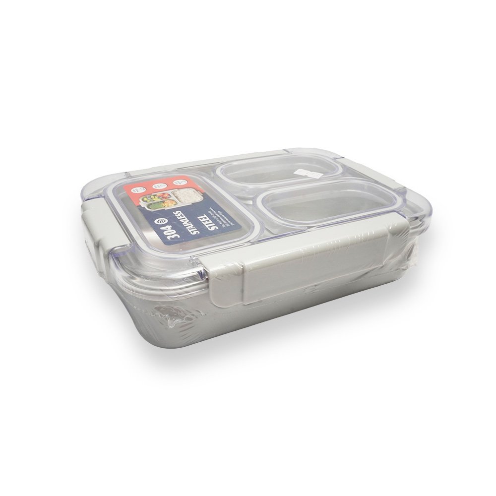 304 Stainless Steel 3 Compartment Insulated Bento Lunch Box 24x17.5x6cm