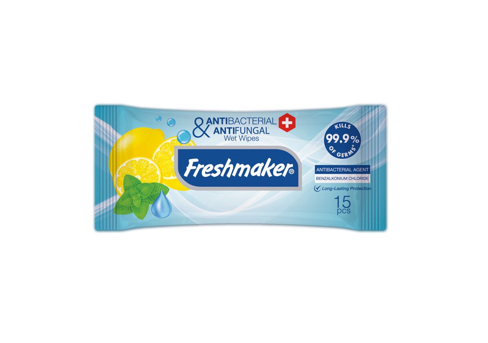 Freshmaker Antibacterial & Antifungal Wet Wipes- Lemon, 15 Pieces