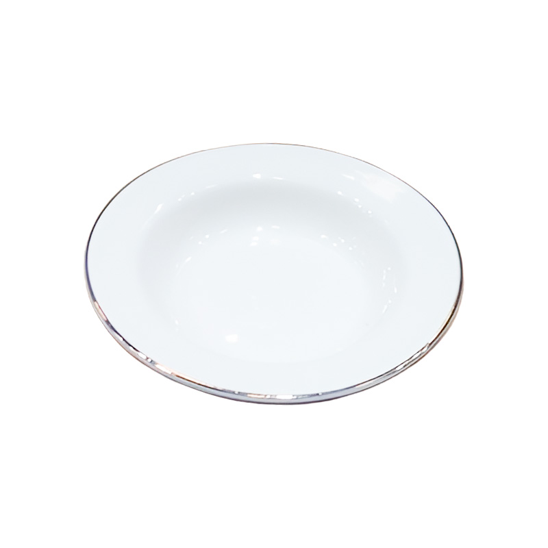 Ceramic Flat Bowl- White With Silver Rims, 9 Inches