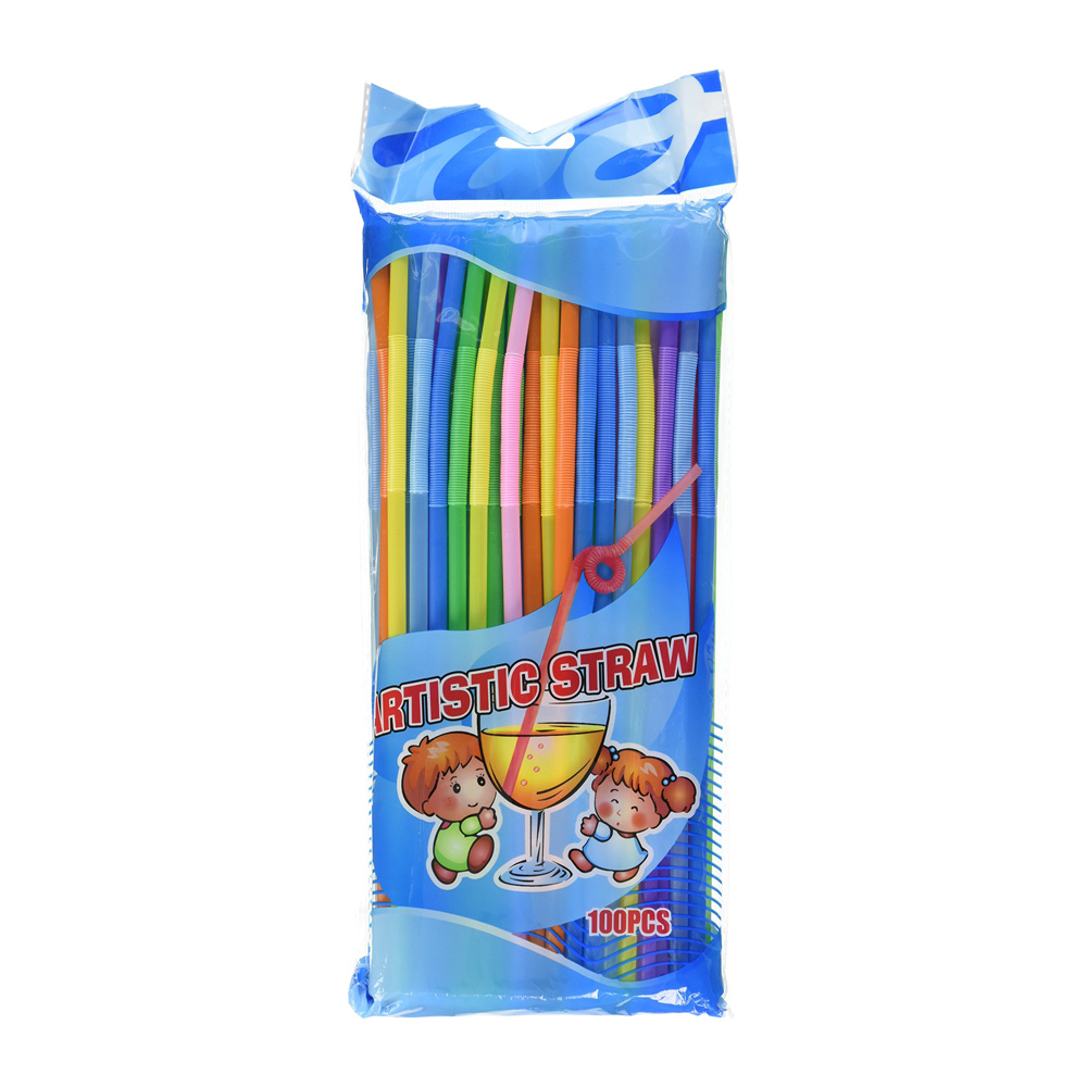 "Plastic Artistic Straw- Multi-Colored, 100 Pieces"