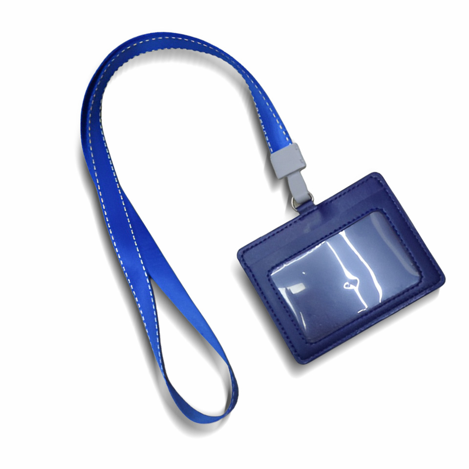 Leather ID Card Holder with Lanyard ? Blue