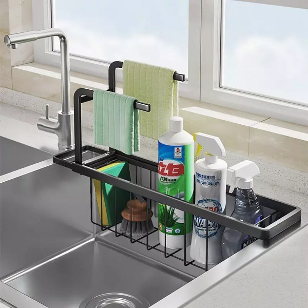 Expandable stainless steel kitchen sink storage rack