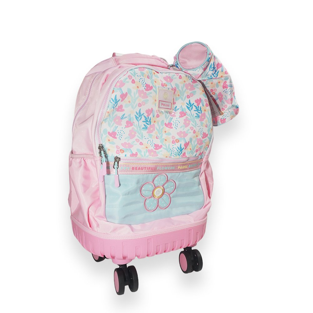 "Floral Print Rolling Backpack, Pink"