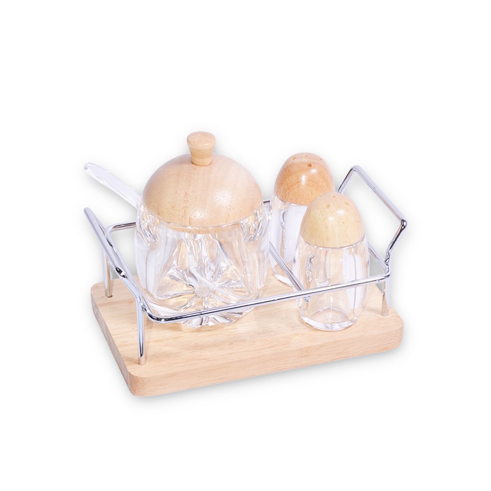 Glass Spice & Condiment Set with Bamboo Base- 4 Pieces