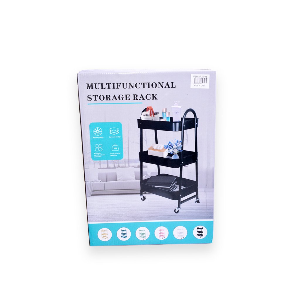 "3-Tier Metal Rolling Utility Cart- Black, 30.5x45x77cm"