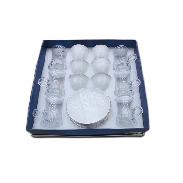 "Tea Cups and Qahwa with Saucer Set- White, 18 Pieces"