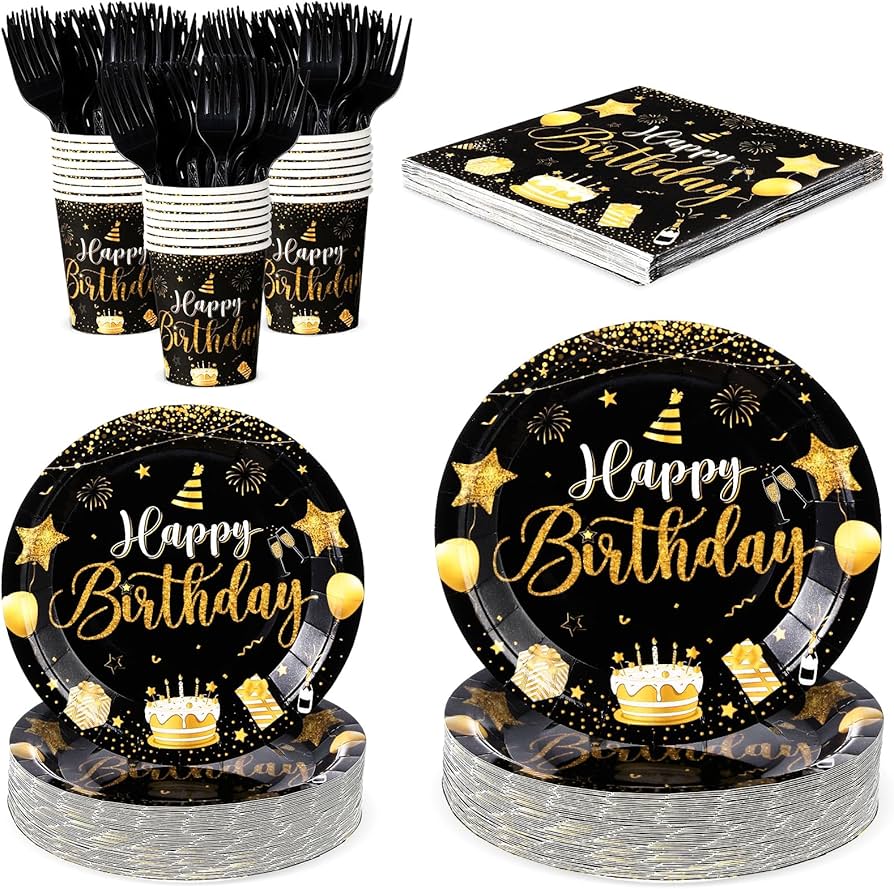 "Party Gala Happy Birthday Tableware Set- Black and Gold, 36 Pieces"