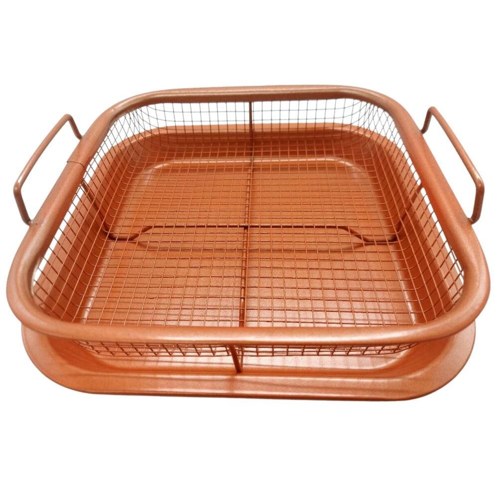 Non Stick Oven Air Fryer Crisper Set Copper Tray And Mesh Basket 20X20X6Cm