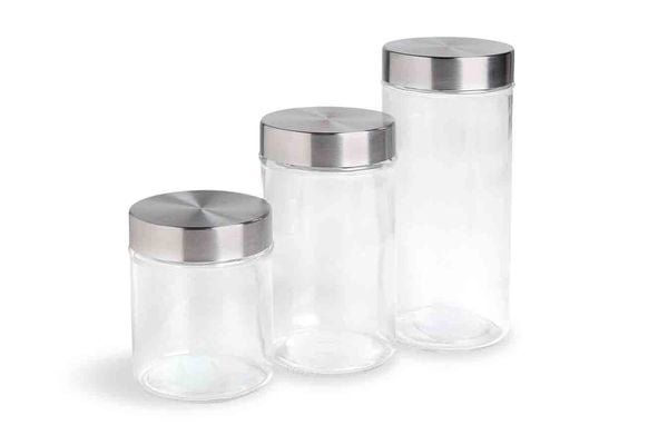 "Glass Food Storage Container- Silver Lid, Round, 450ml"