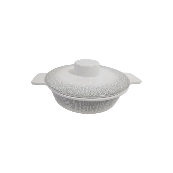 "Soup Bowl with Lid- White with Grey Borders, 8 Inches"